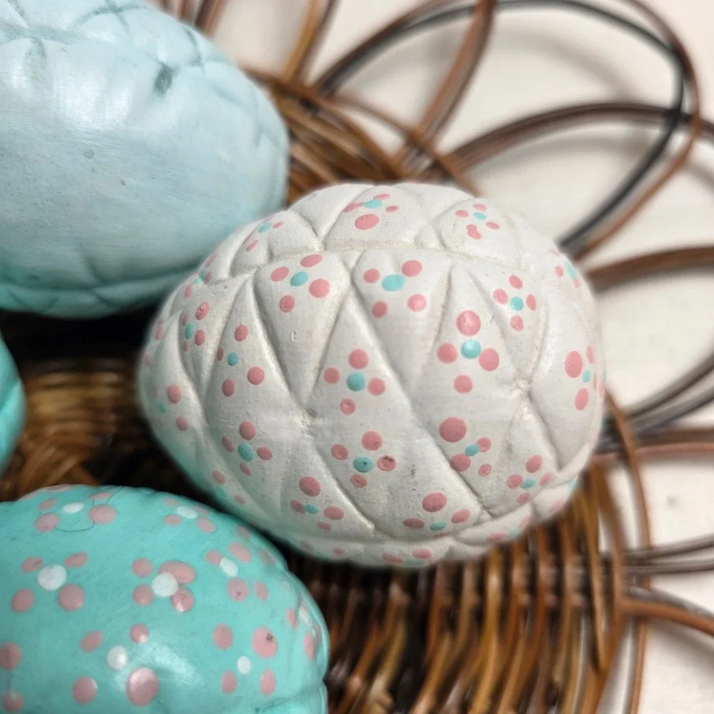 Vintage Quilted Ceramic Easter Egg Set of 6 Hand‎ Painted Blue White Cottagecore